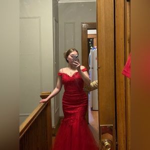CAMILLE LA VIE RED MERMAID PROM DRESS SIZE 8 BRAND NEW w/ RED EMEBELLISHMENTS